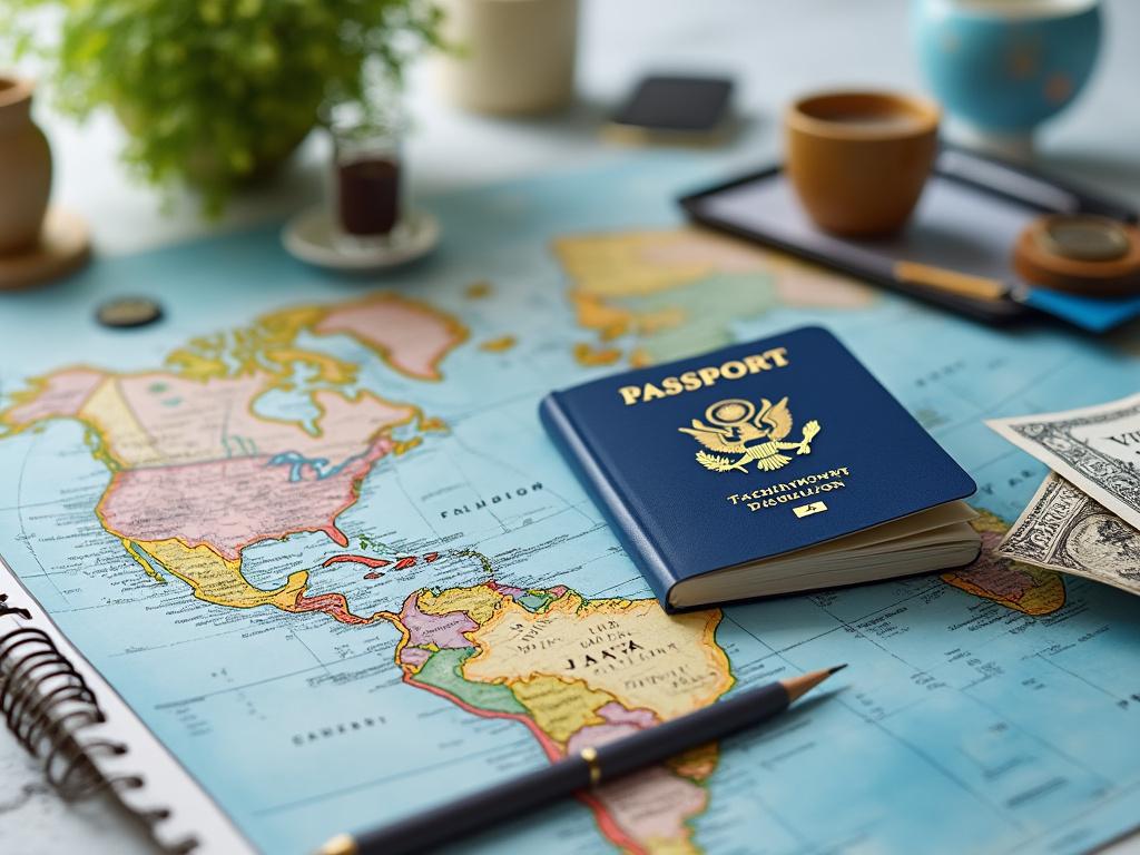 Pasaporte azul sobre un mapa del continente americano, rodeado de una libreta, lápiz y tazas de café.