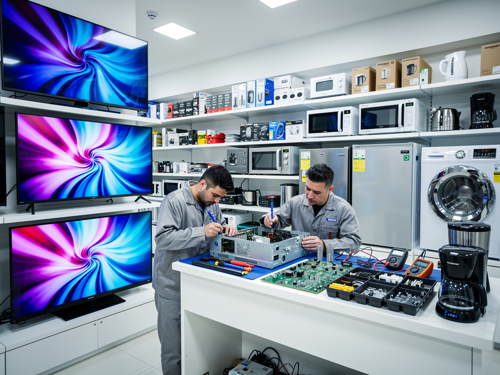 Técnicos reparando electrodomésticos y televisores en taller de servicio con pantallas, microondas y lavadoras