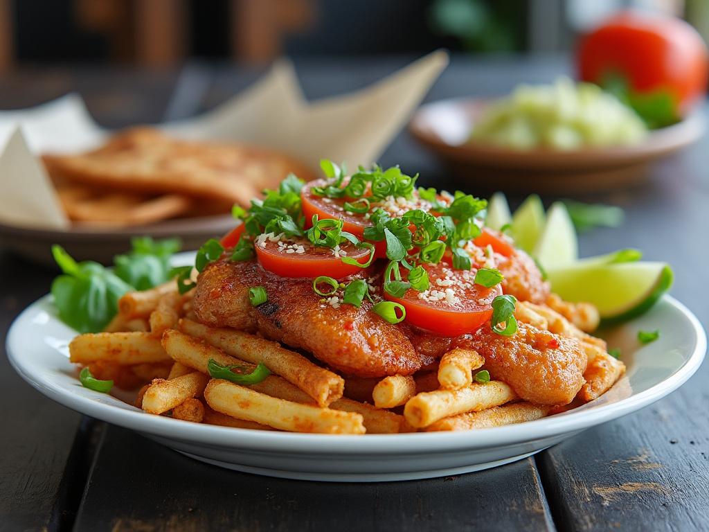 Plato de pasta con pechuga de pollo empanizada, adornada con rodajas de tomate y hierbas frescas.