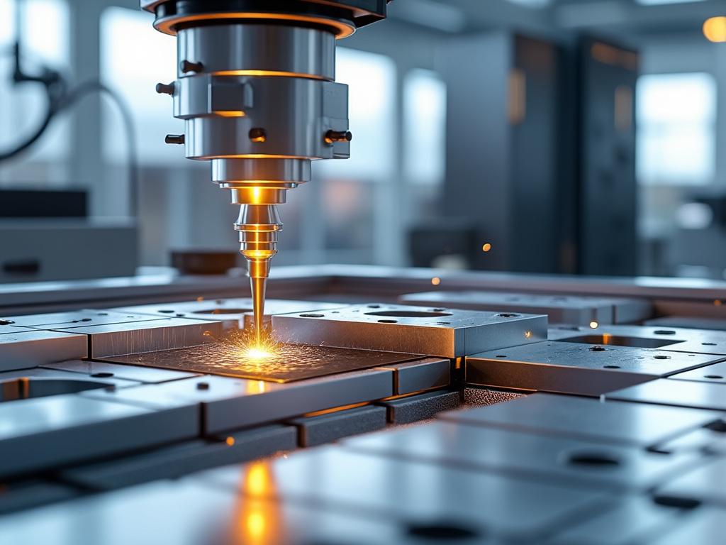 CNC machine in action, focusing on precise metal cutting with sparks and detailed components.