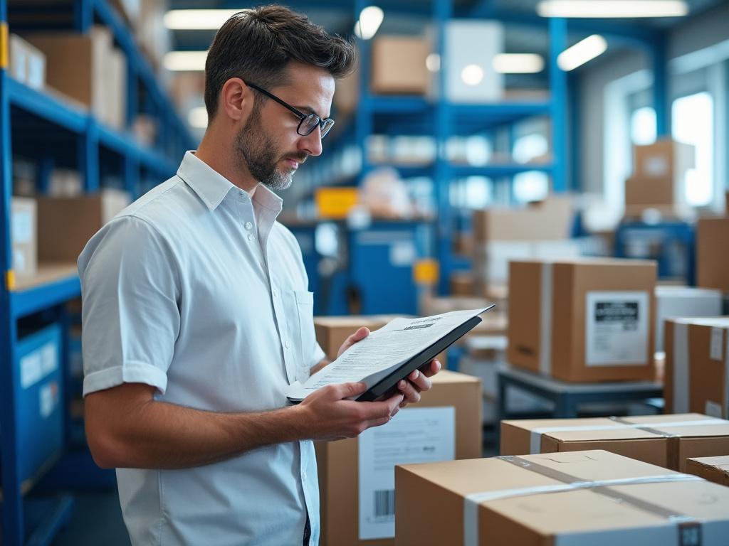 Hombre revisando documentos en un almacén con cajas de cartón y estantes azules.