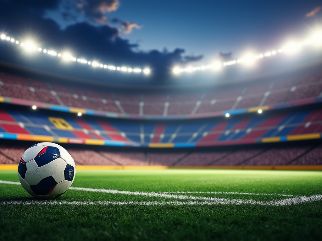 Soccer ball on a green field in a brightly lit stadium at dusk.