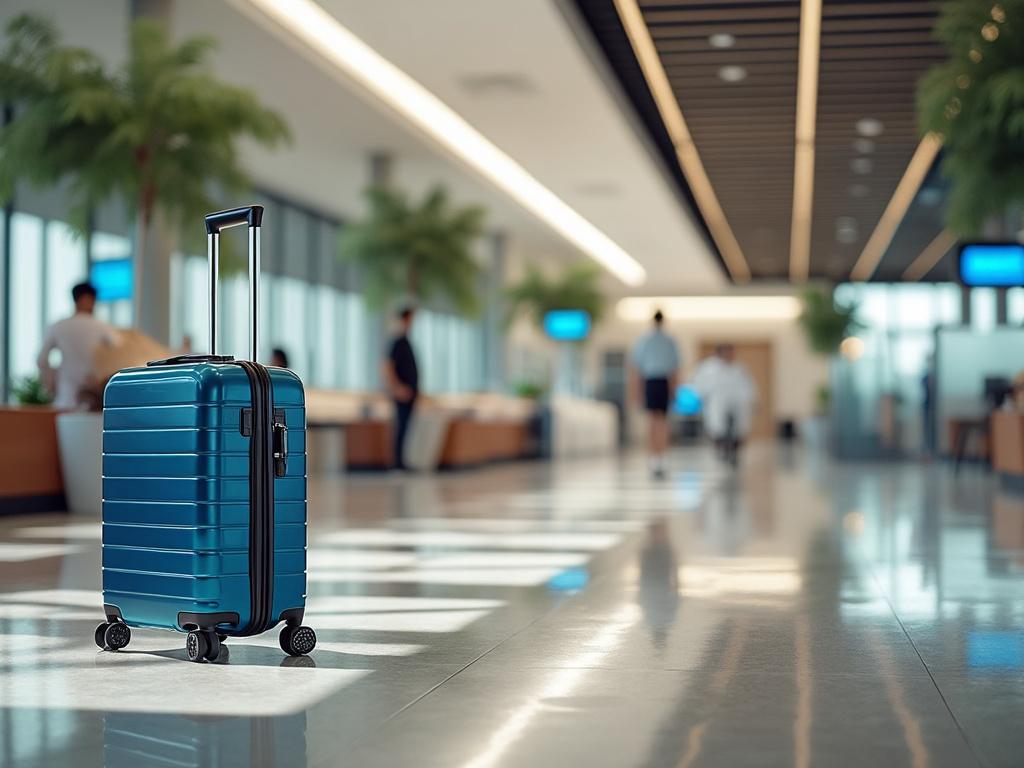 Maleta azul de viaje sobre el suelo de un aeropuerto moderno, con personas difusas al fondo. Maleta azul de viaje sobre el suelo de un aeropuerto moderno, con personas difusas al fondo.