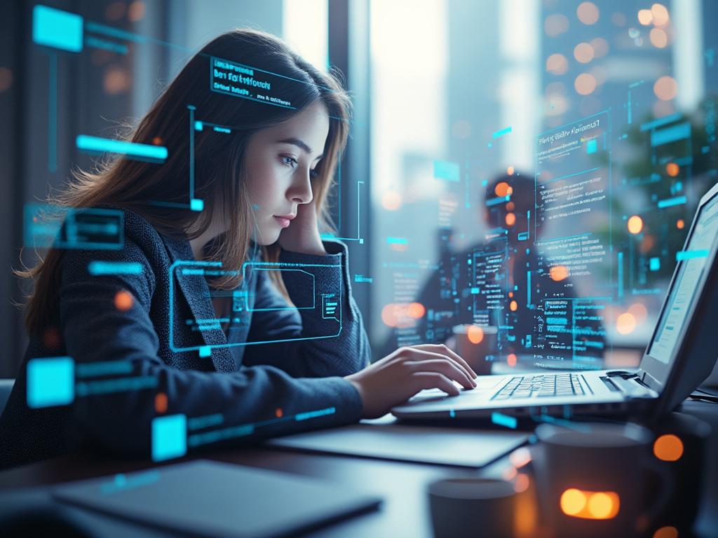 Mujer joven trabajando en programación frente a una computadora portátil, rodeada de hologramas de código.