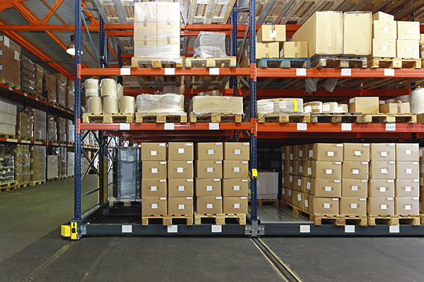 Warehouse with mobile shelving system