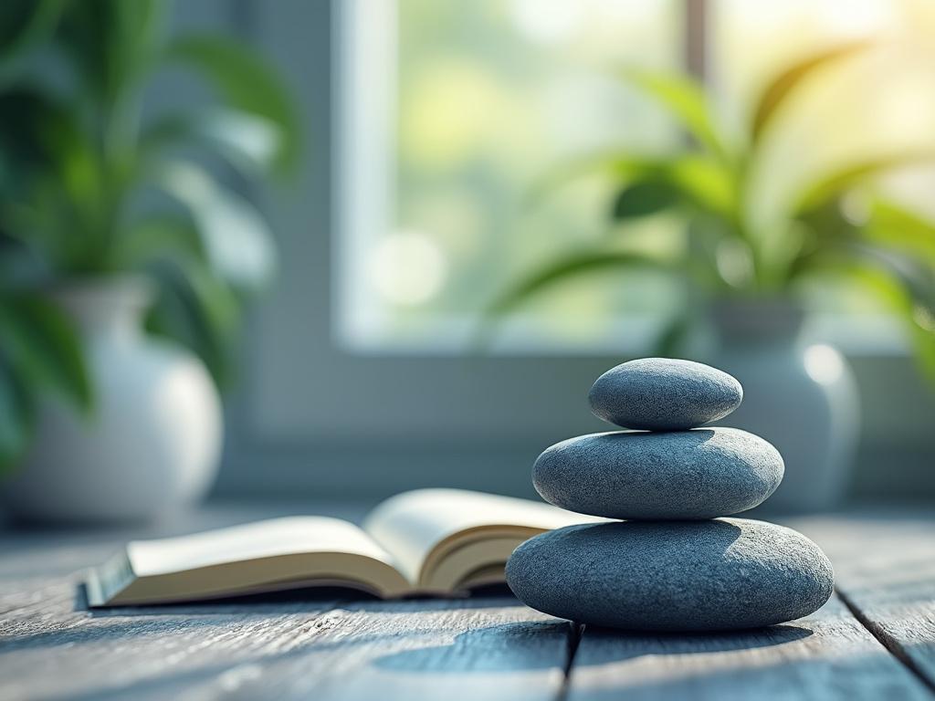 Piedras apiladas en equilibrio sobre una mesa de madera con un libro abierto y plantas en macetas en el fondo iluminado por luz natural.