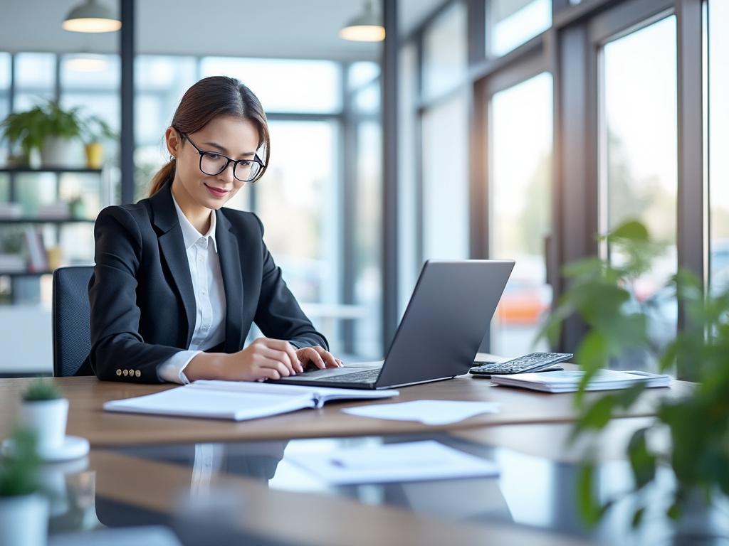 Mujer joven trabajando en una oficina moderna con portátil y documentos.