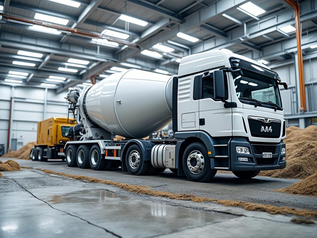 Camión hormigonera blanco en un almacén industrial con techos altos, rodeado de materiales de construcción.