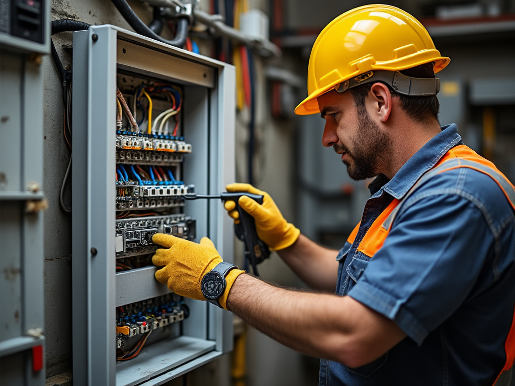 Electrician wearing yellow hard hat and gloves working on electrical panel with tools.