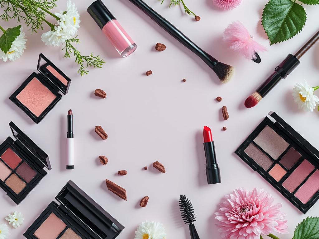 Productos de maquillaje y herramientas, como pinceles, lápiz labial rojo, paletas de sombras y rubor, rodeados de flores y hojas sobre un fondo rosado.
