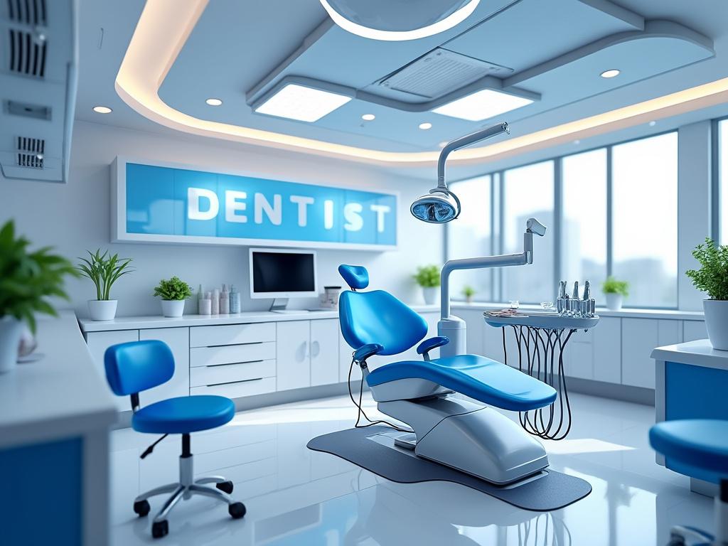 Moderno consultorio dental con silla odontológica azul, iluminación LED y decoración minimalista.