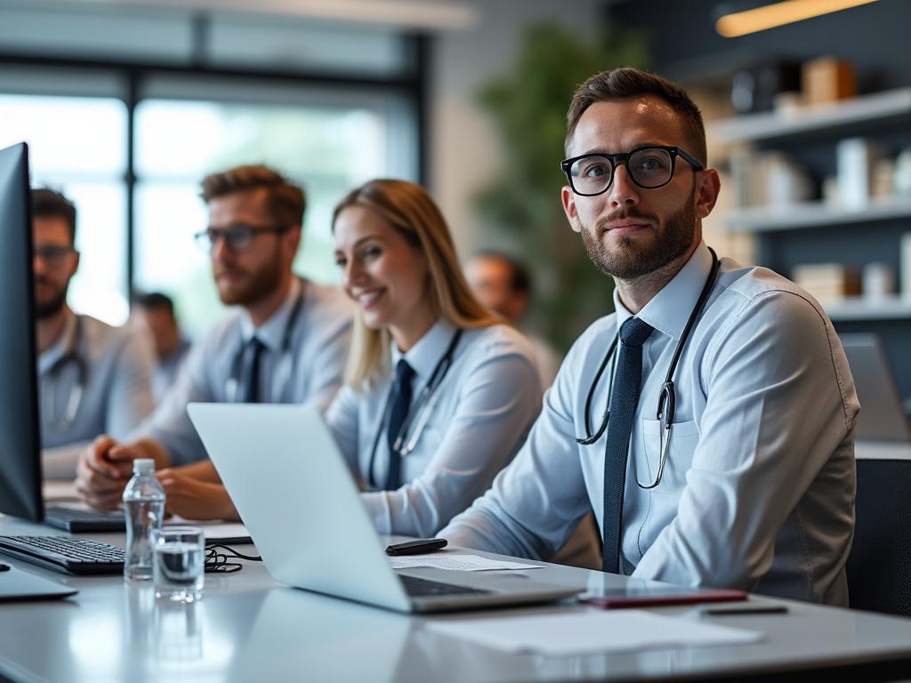 Grupo de profesionales médicos con estetoscopios sentados en una oficina moderna con laptops y monitores.