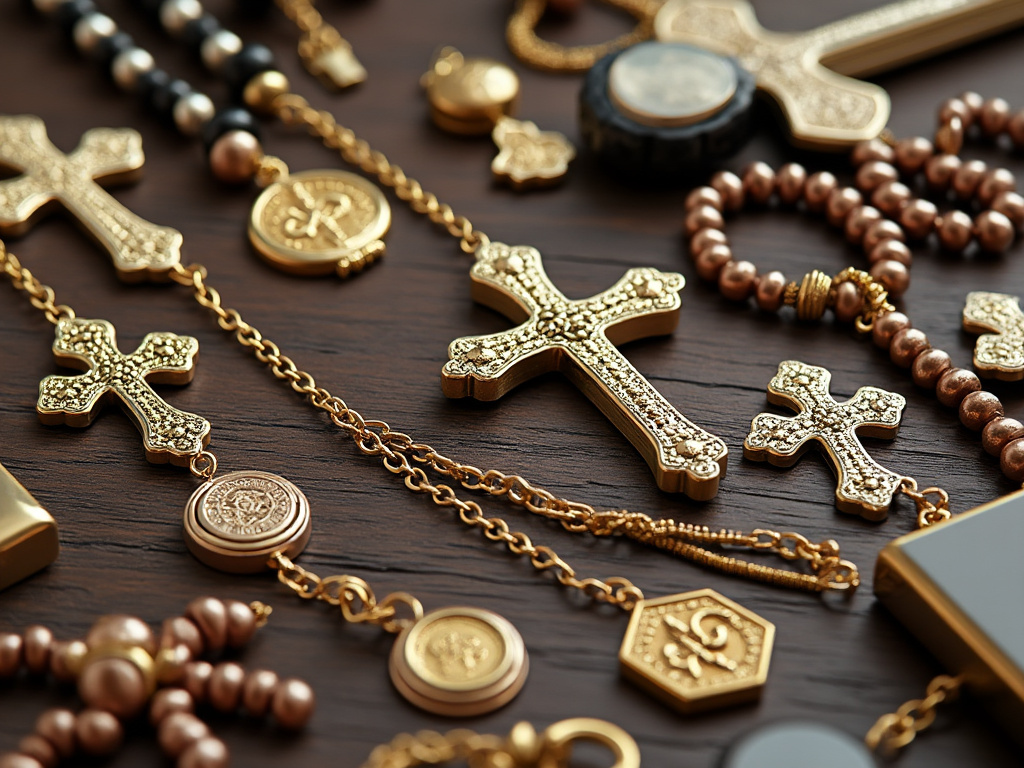 Collares y cruces de oro sobre mesa de madera, con detalles decorativos.