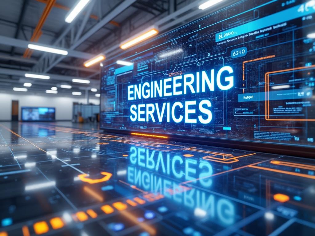 Pantalla digital en entorno industrial mostrando 'Engineering Services' en letras brillantes, con gráficos técnicos y luces LED en el techo.