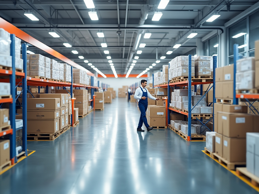 Trabajador en almacén organizando cajas en estantes, iluminación brillante, pasillo amplio