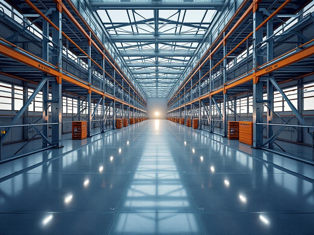 Interior de un moderno almacén industrial con estanterías metálicas y luz al fondo.