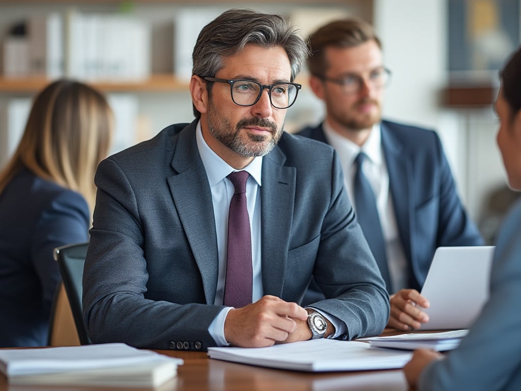 Hombre de negocios con traje y gafas en una reunión, acompañado de colegas en una oficina moderna.