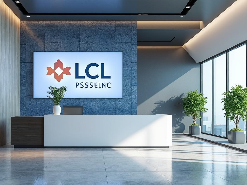 Recepción moderna con logo LCL en pared azul, planta en maceta blanca sobre mostrador, ventanas amplias iluminadas.