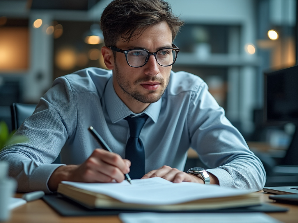 Hombre joven con gafas escribiendo en un cuaderno en una oficina moderna.