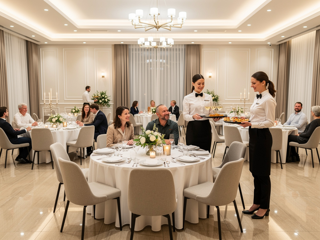 Salón de banquetes elegante con mesas decoradas, invitados cenando y camareras sirviendo bebidas y aperitivos