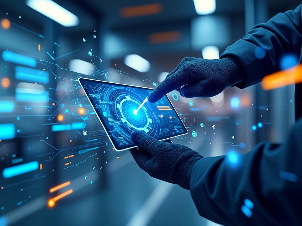 Persona con guantes interactuando con pantalla digital táctil en entorno de alta tecnología.