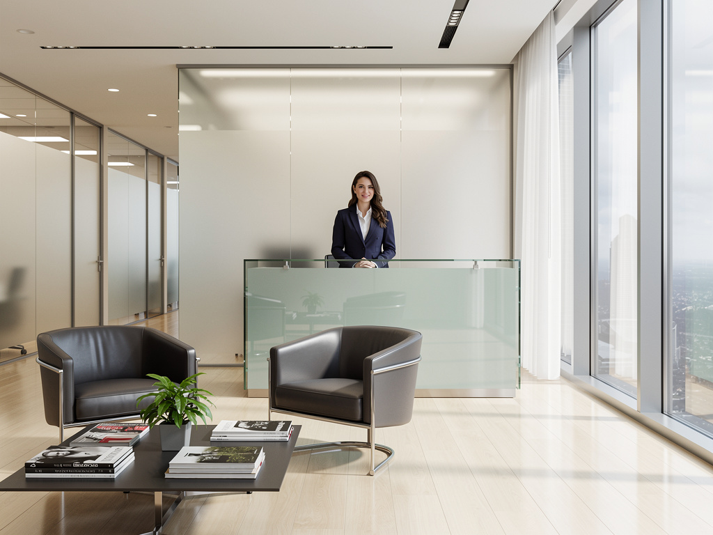 Recepcionista en mostrador de vidrio en oficina moderna con sala de espera, sillones de cuero y grandes ventanales