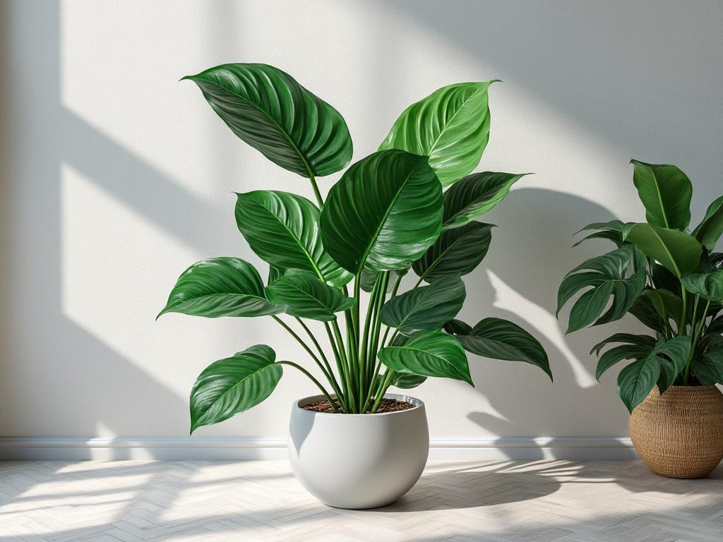 Planta de folhas verdes em vaso branco em sala iluminada.