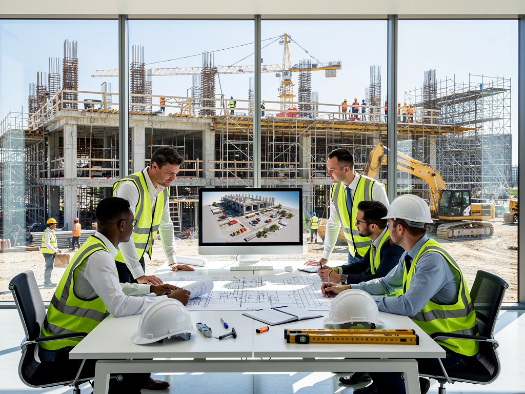 Equipo de ingenieros revisando planos y modelo 3D frente a obra en construcción con grúas y maquinaria