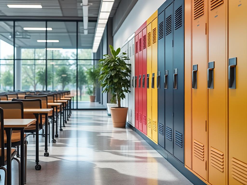 Modern school hallway with colorful lockers, wooden desks, and large windows overlooking greenery.