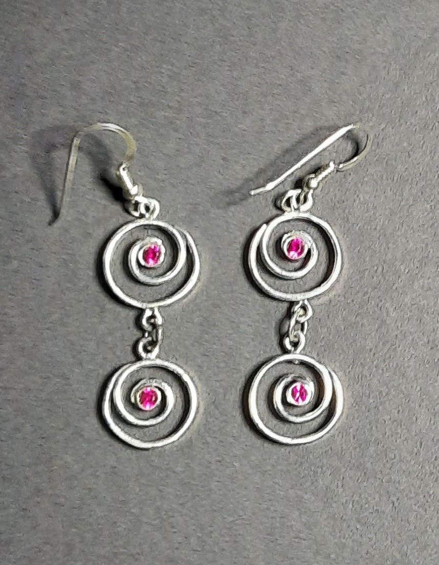 JE005-RF DOUBLE CLOSED SPIRAL EARRINGS Sterling Silver with Faceted Rubies
