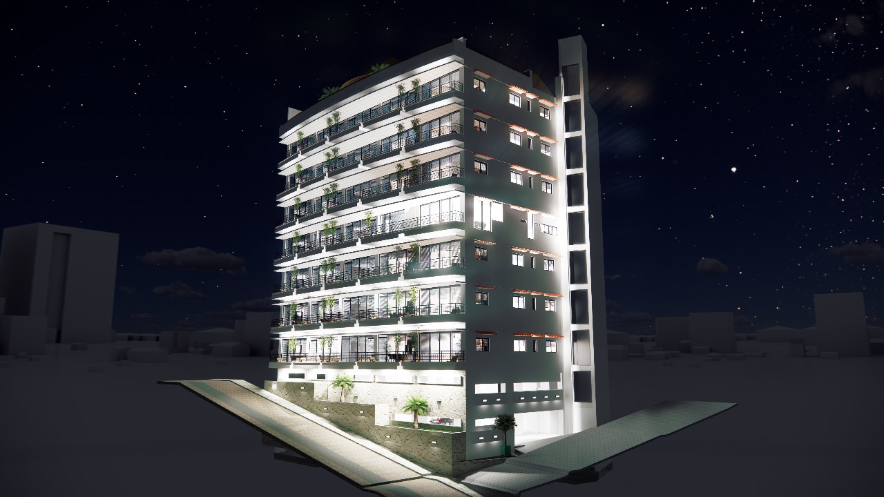 Moderno salón minimalista con sofás blancos, plantas verdes y vista al mar.