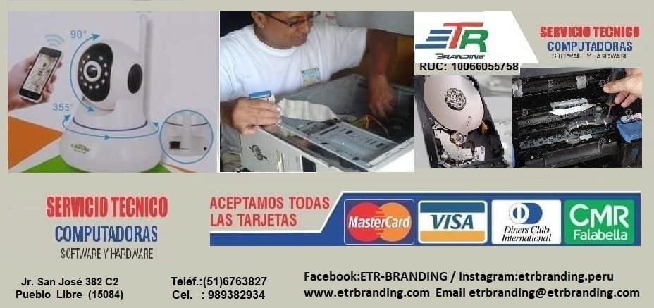 Publicidad de servicio técnico de computadoras, mostrando reparación de hardware y software, con información de contacto y logos de tarjetas de crédito aceptadas.