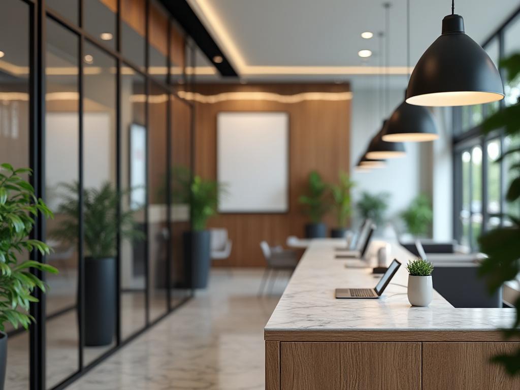 Oficina moderna con escritorios compartidos, plantas decorativas y luces colgantes.