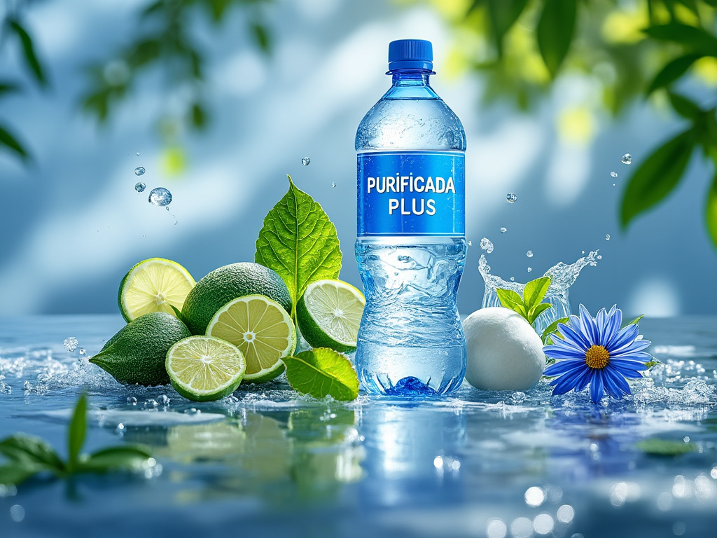 Botella de agua Purificada Plus entre limones, hojas verdes y una flor azul sobre un fondo acuático.