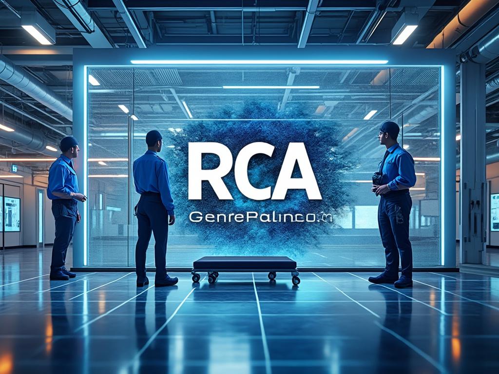 Three security personnel in a modern facility observe a large digital screen displaying the letters 'RCA' and the phrase 'GenrePalinc' in a futuristic setting.