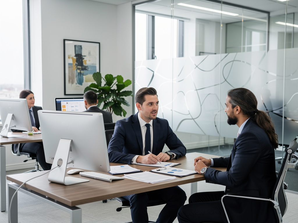 Business professionals in suits meeting at a desk in a modern glass-walled office