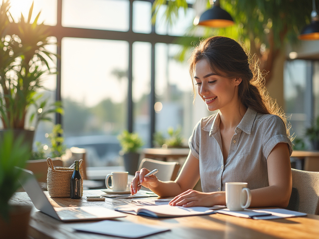 Mujer trabajando en una mesa de café luminosa con plantas, una computadora portátil y una taza.