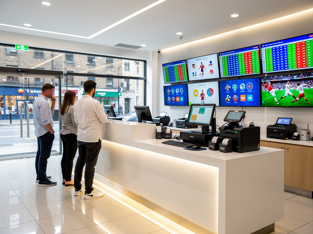 Clientes en mostrador de casa de apuestas moderna con pantallas de resultados deportivos en vivo