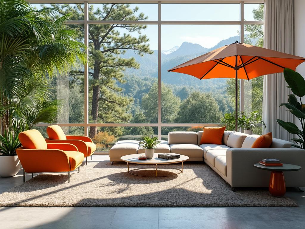 Sala moderna con muebles naranjas, gran ventana panorámica con vista a montaña y árboles, decoración minimalista y sombrilla exterior.