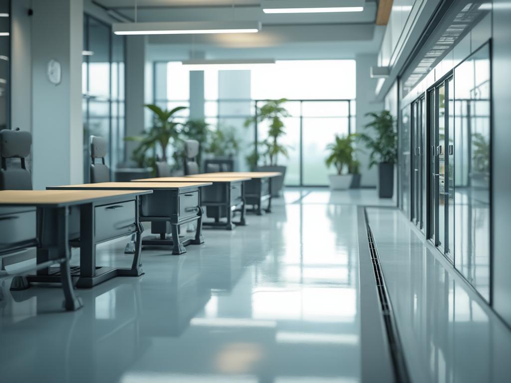 Modern office interior with long wooden desks, ergonomic chairs, large windows, and potted plants, creating a professional and airy workspace environment.
