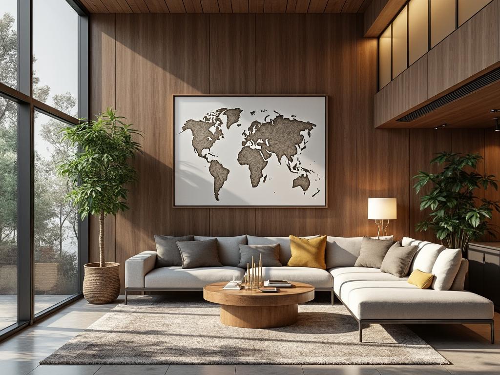 Modern living room with large world map artwork, L-shaped sofa, wooden coffee table, and indoor plants, featuring floor-to-ceiling windows.