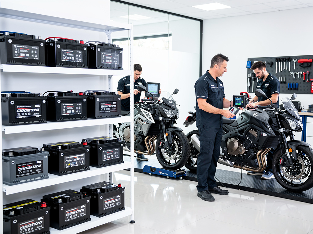 Técnicos revisan motocicletas en taller moderno junto a estantería con baterías de coche