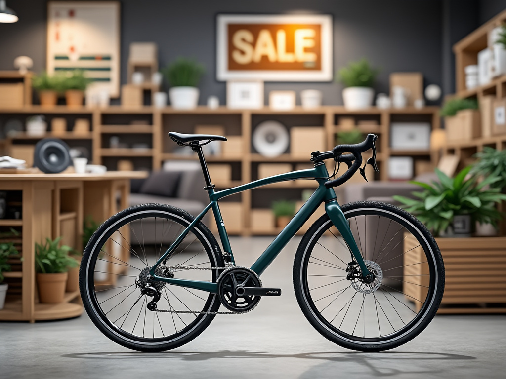 Bicicleta de carreras verde en exhibición en una tienda moderna con decoración y plantas, cartel de 'SALE' en el fondo.