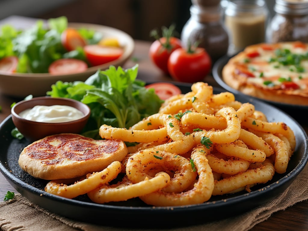 Plato de calamares fritos crujientes con salsa tártara, ensalada fresca y pizza al fondo.
