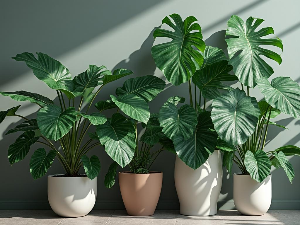 Quatro plantas de folhas grandes em vasos de cerâmica em uma sala iluminada pelo sol, com sombra projetada na parede verde.