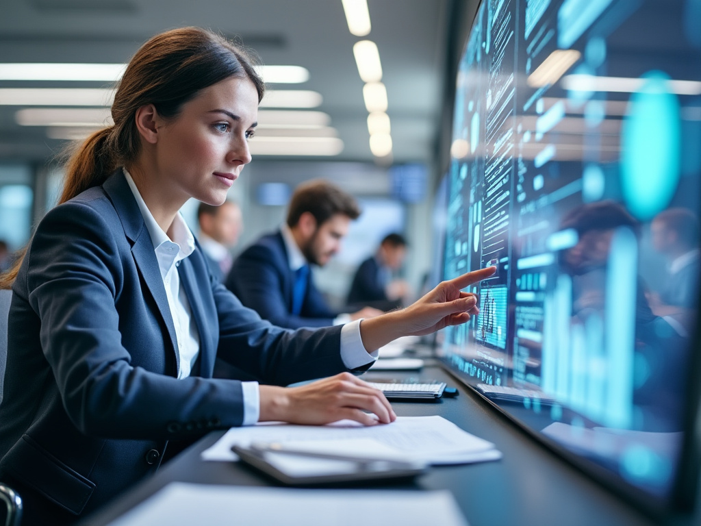 Businesswoman interacting with digital data on a large screen in a modern office environment.