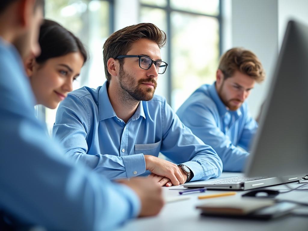 Grupo de jóvenes profesionales trabajando en la oficina con computadoras, vistiendo camisas azules.