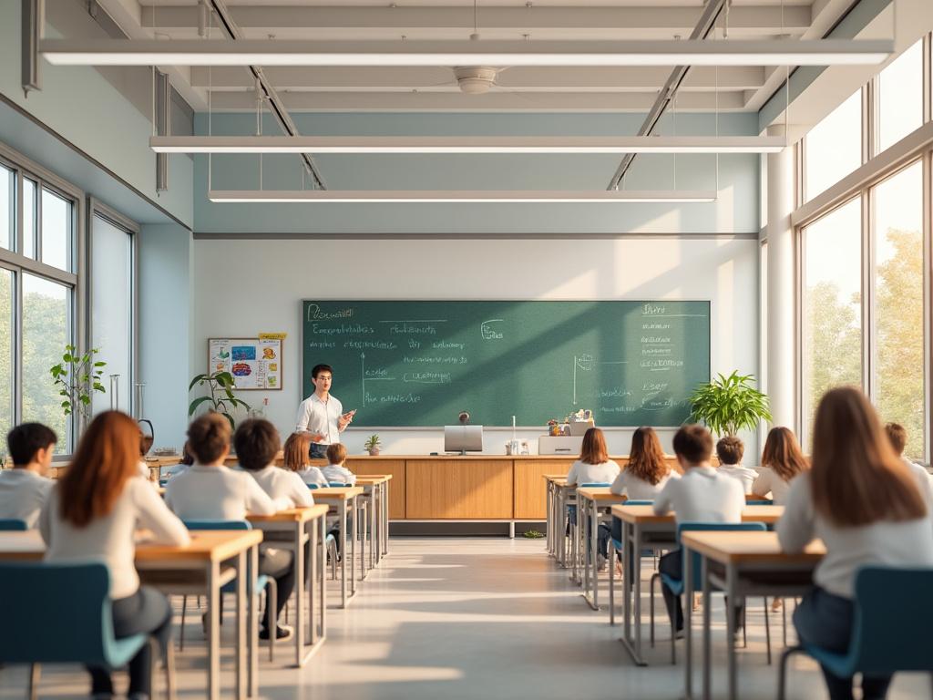 Aula de clase moderna con alumnos sentados en escritorios, profesor frente a una pizarra verde explicando una lección, iluminación natural a través de grandes ventanales.