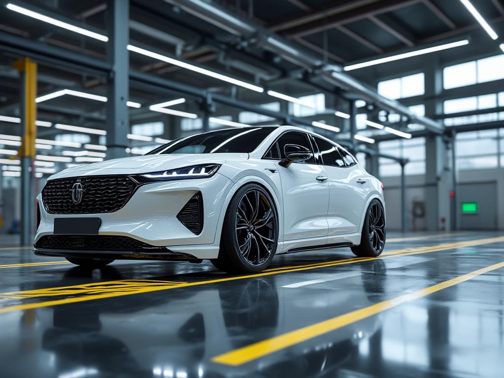 Coche deportivo blanco en un garaje moderno con iluminación brillante y suelo reflectante