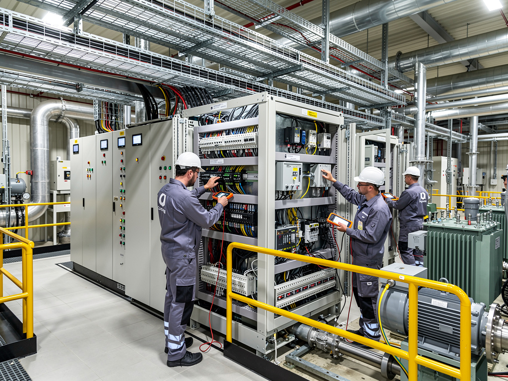 Técnicos con casco inspeccionando paneles eléctricos industriales en sala de control con cableado y maquinaria